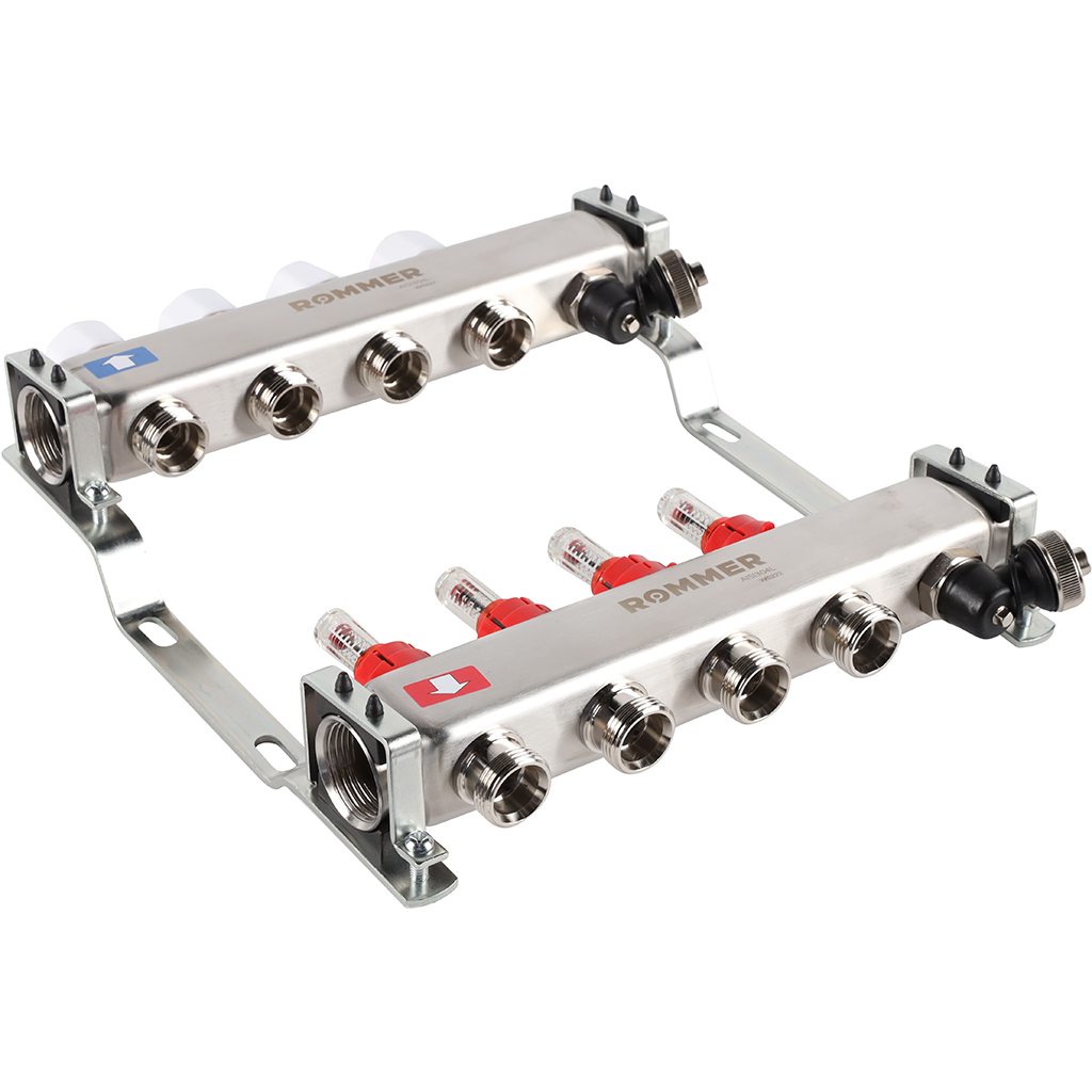 Коллектор Rommer на 4 выхода с расходомерами, с клапаном вып. воздуха и сливом Коллектор Rommer на 4 выхода с расходомерами, с клапаном вып. воздуха и сливом