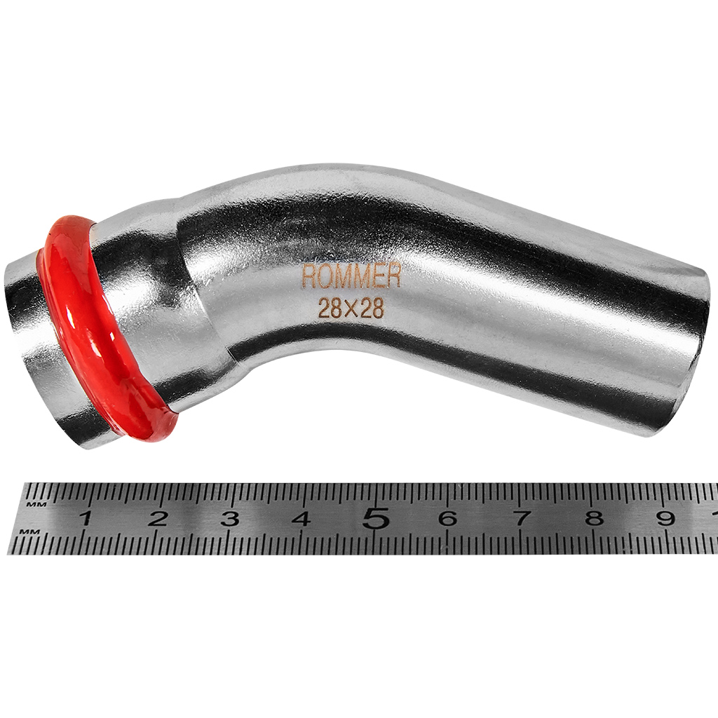 Угольник однораструбный 45° 28 Rommer из нержавеющей стали прессовой