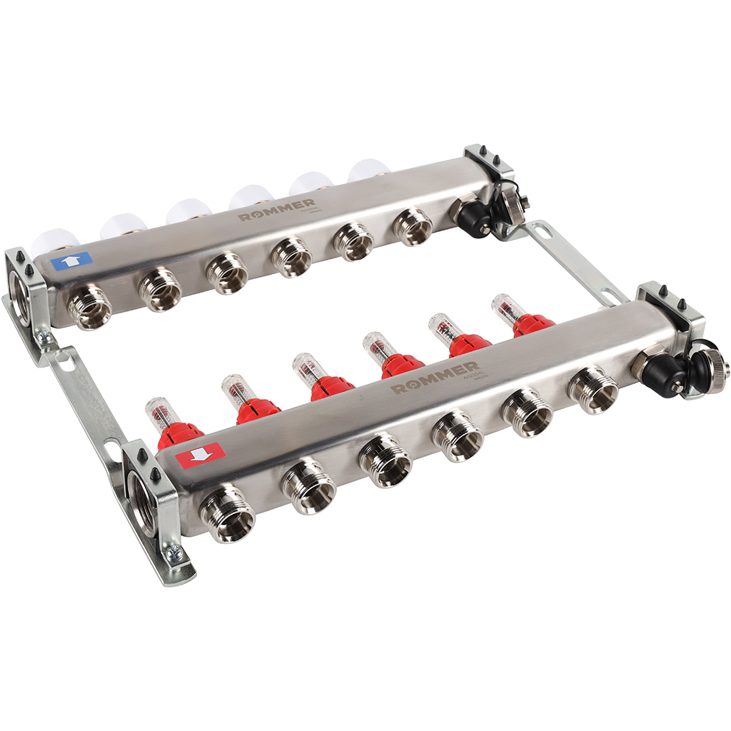 Коллектор Rommer на 6 выходов с расходомерами, с клапаном вып. воздуха и сливом