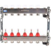 Коллектор Rommer на 6 выходов с расходомерами, с клапаном вып. воздуха и сливом