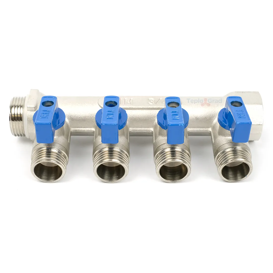 Коллектор TIM с шаровыми кранами 3/4x1/2 на 4 выхода, красные и синие ручки Коллектор TIM с шаровыми кранами 3/4x1/2 на 4 выхода, красные и синие ручки