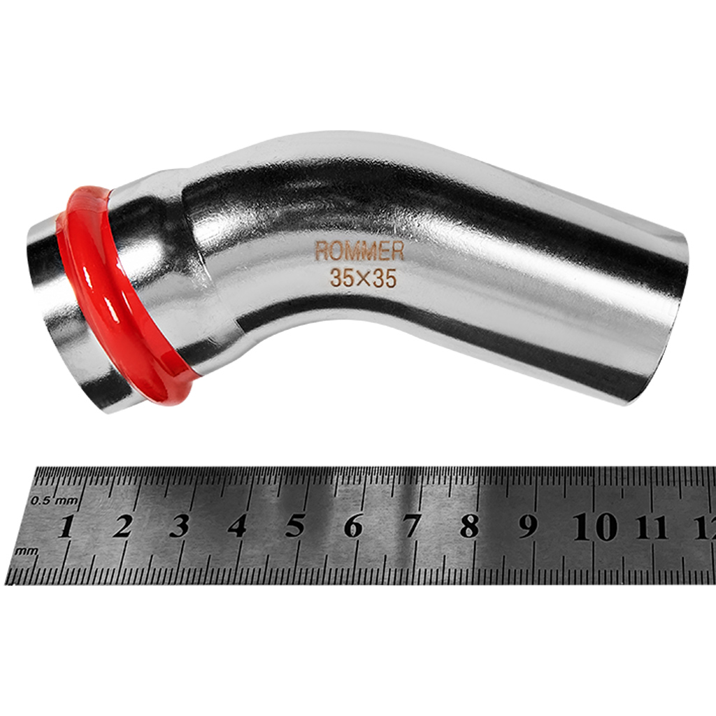 Угольник однораструбный 45° 35 Rommer из нержавеющей стали прессовой