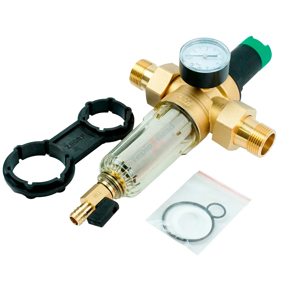 Самопромывной фильтр TIM 1 с редуктором, манометром и пластиковой колбой