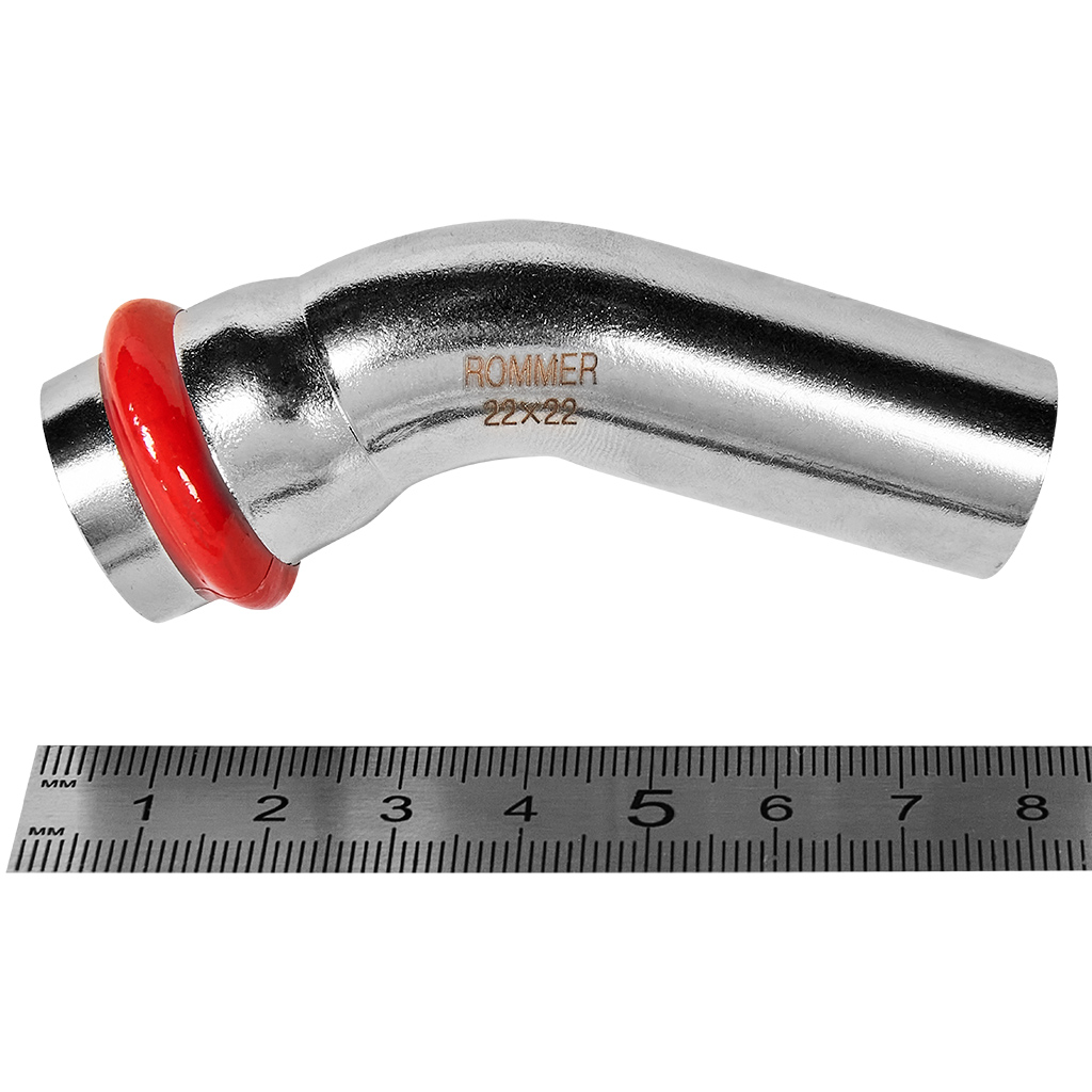 Угольник однораструбный 45° 22 Rommer из нержавеющей стали прессовой