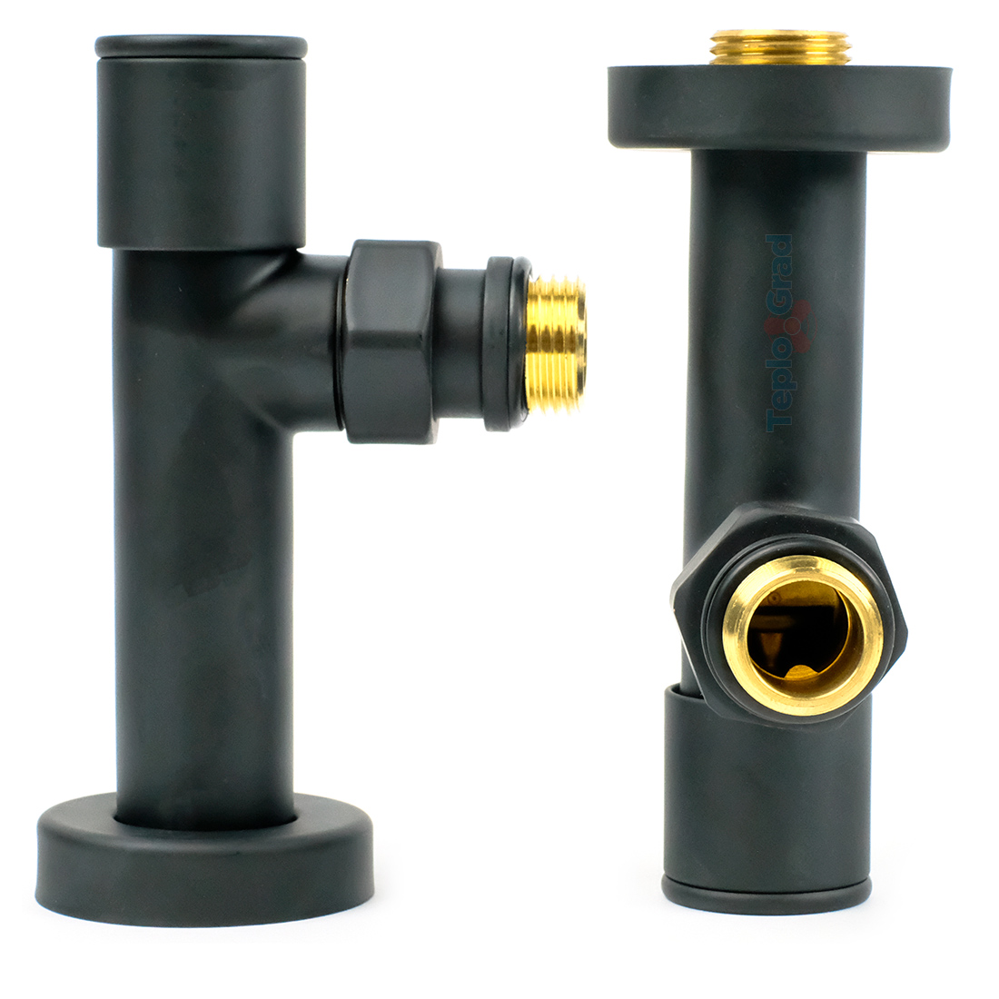 Вентили для полотенцесушителя TIM угловые, круглые, черные 1/2x1/2