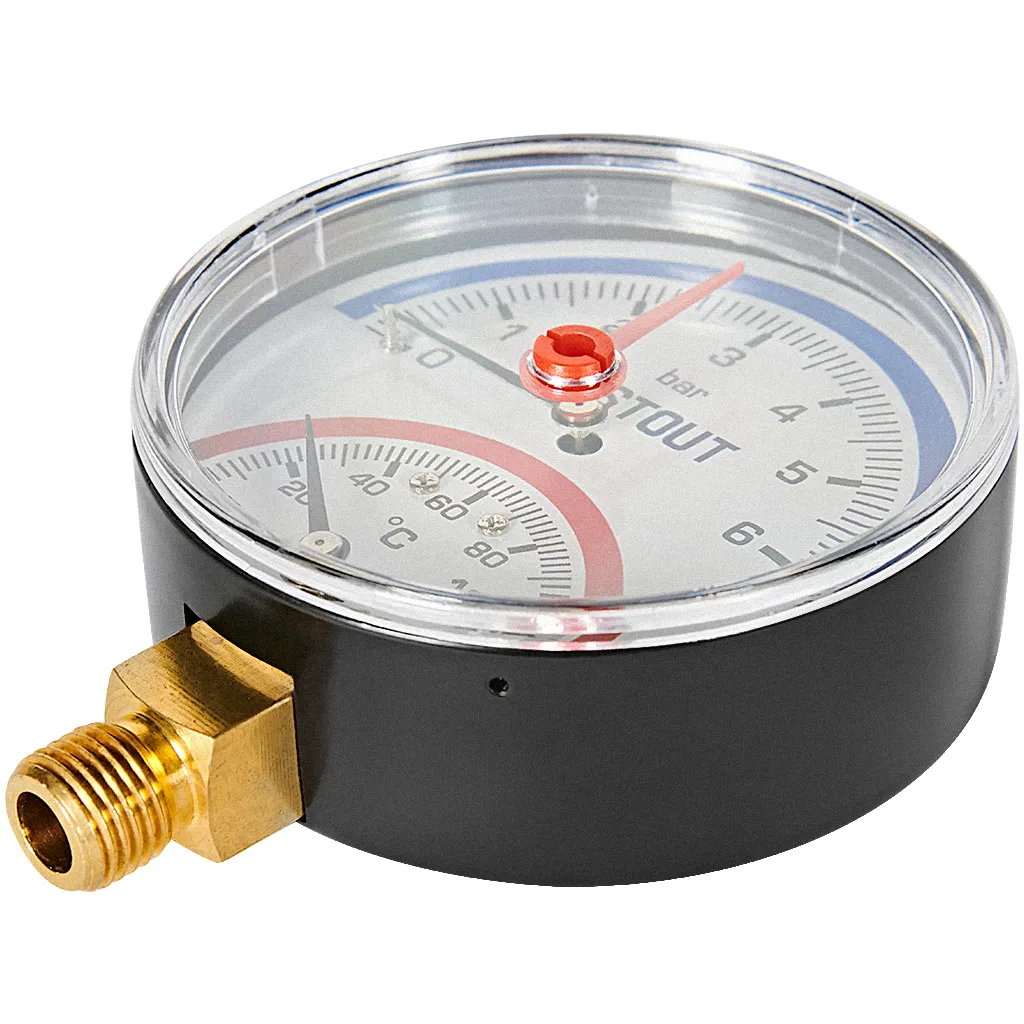 Термоманометр радиальный Stout 80 мм, 0-6 бар, 0-120C, подключение 1/2