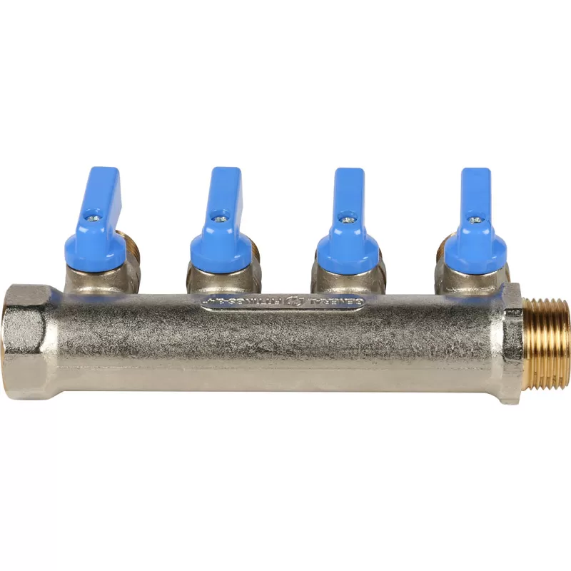 Коллектор Stout с шаровыми кранами 3/4, 4 отвода 1/2 (синие ручки)