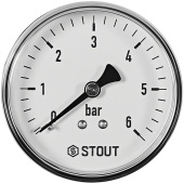 Манометр аксиальный Stout 63 мм, 0-6 бар, подключение 1/4 Манометр аксиальный Stout 63 мм, 0-6 бар, подключение 1/4