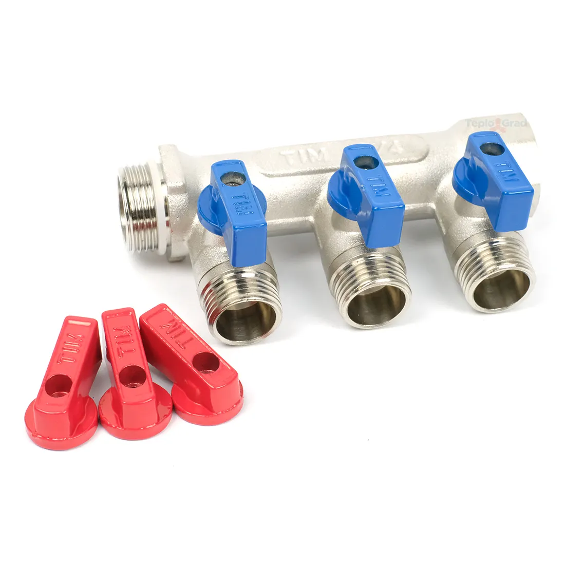Коллектор TIM с шаровыми кранами 3/4x1/2 на 3 выхода, красные и синие ручки Коллектор TIM с шаровыми кранами 3/4x1/2 на 3 выхода, красные и синие ручки