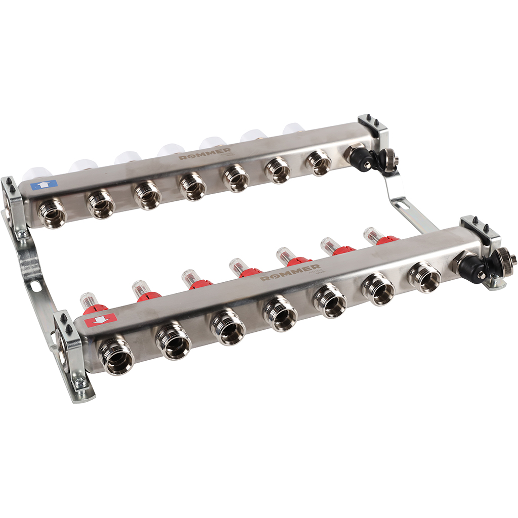 Коллектор Rommer на 7 выходов с расходомерами, с клапаном вып. воздуха и сливом