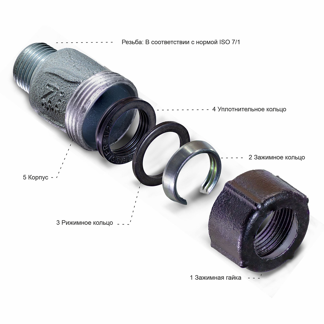 Обжимное соединение из ковкого чугуна Zeissler НР 1 1/2 Обжимное соединение из ковкого чугуна Zeissler НР 1 1/2