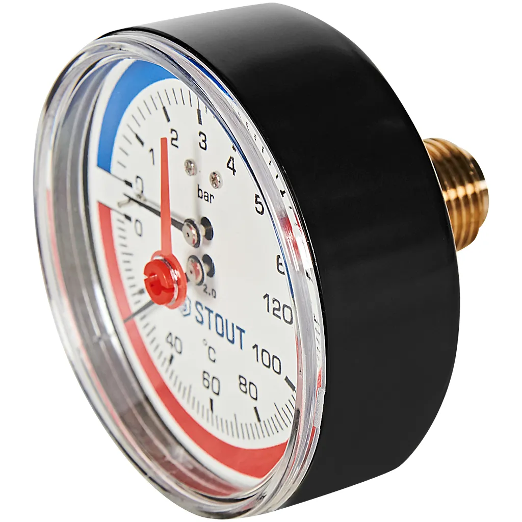 Термоманометр аксиальный Stout 80 мм, 0-6 бар, 0-120C, подключение 1/2