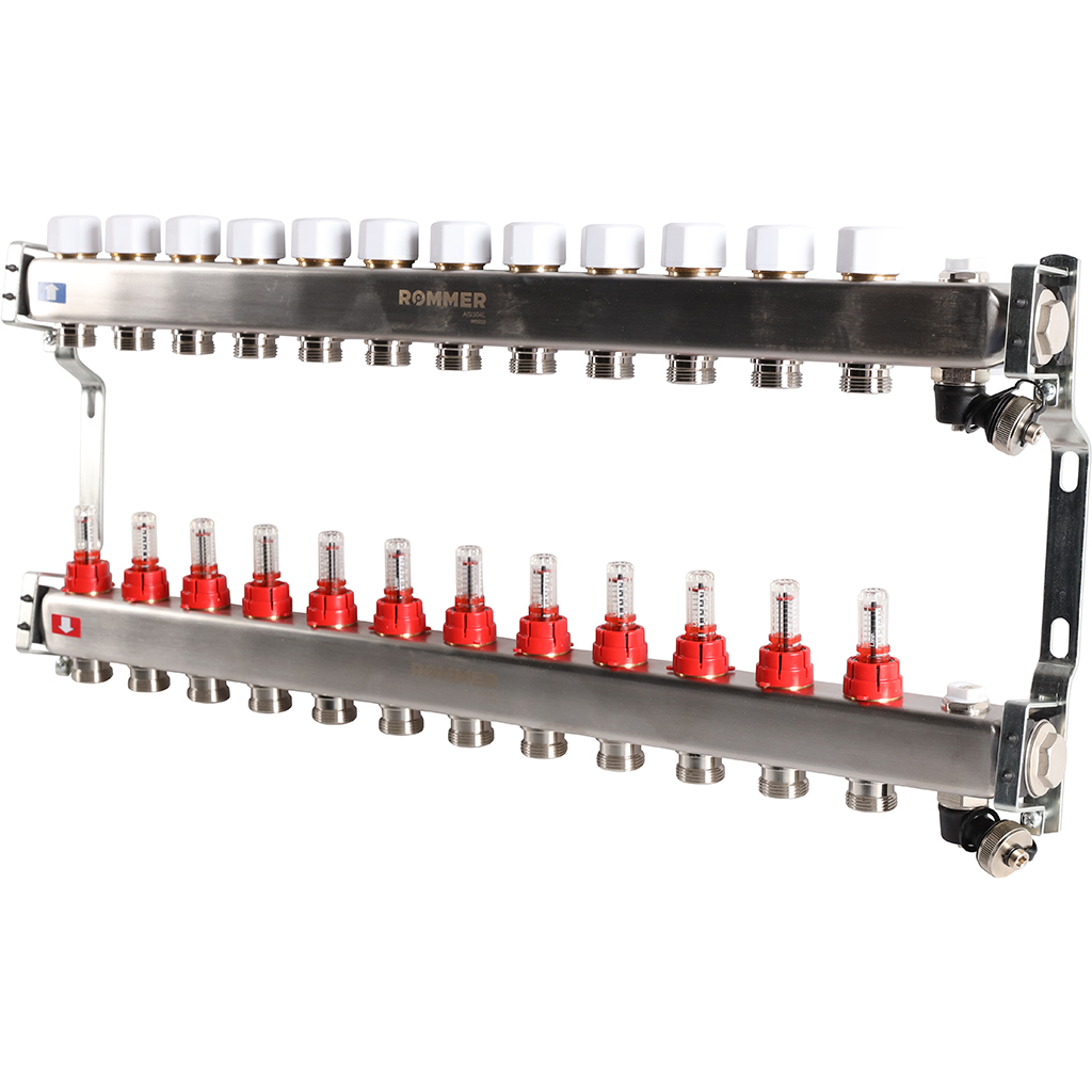 Коллектор Rommer на 12 выходов с расходомерами, с клапаном вып. воздуха и сливом Коллектор Rommer на 12 выходов с расходомерами, с клапаном вып. воздуха и сливом
