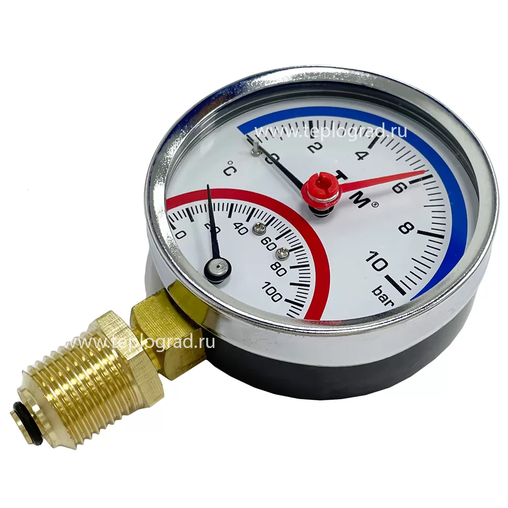 Термоманометр радиальный TIM, корпус 80 мм, диапазон 0-10 бар, подключение 1/2 Y-80-10