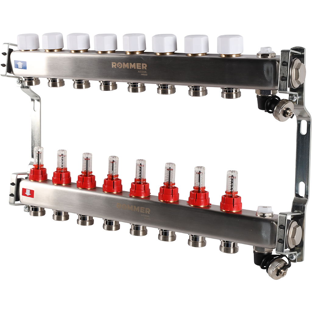 Коллектор Rommer на 8 выходов с расходомерами, с клапаном вып. воздуха и сливом Коллектор Rommer на 8 выходов с расходомерами, с клапаном вып. воздуха и сливом