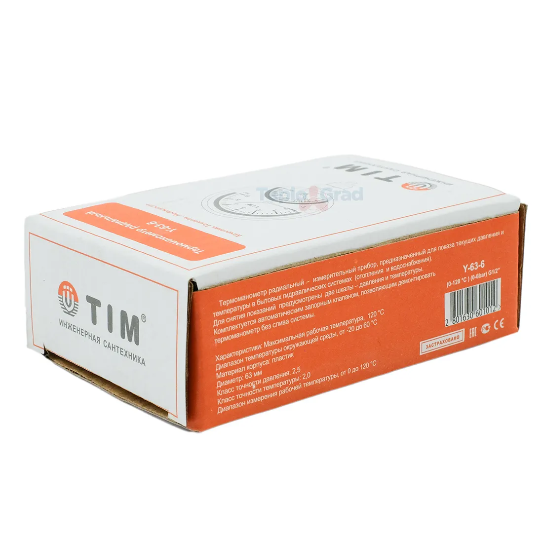Термоманометр радиальный TIM, корпус 63 мм, диапазон 0-6 бар, подключение 1/2 Y-63-6