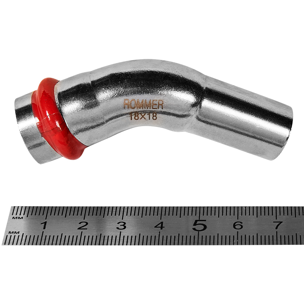 Угольник однораструбный 45° 18 Rommer из нержавеющей стали прессовой