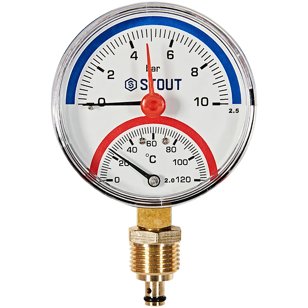 Термоманометр радиальный Stout 80 мм, 0-10 бар, 0-120C, подключение 1/2 Термоманометр радиальный Stout 80 мм, 0-10 бар, 0-120C, подключение 1/2