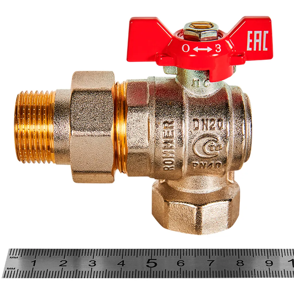 Кран шаровой Rommer угловой с американкой НВ 3/4, ручка бабочка