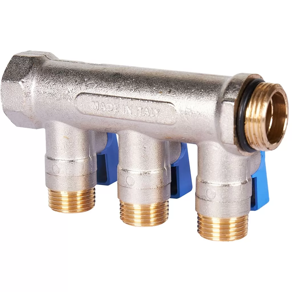 Коллектор Stout с шаровыми кранами 3/4, 3 отвода 1/2 (синие ручки) Коллектор Stout с шаровыми кранами 3/4, 3 отвода 1/2 (синие ручки)