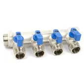 Коллектор TIM с шаровыми кранами 3/4x1/2 на 4 выхода, красные и синие ручки Коллектор TIM с шаровыми кранами 3/4x1/2 на 4 выхода, красные и синие ручки