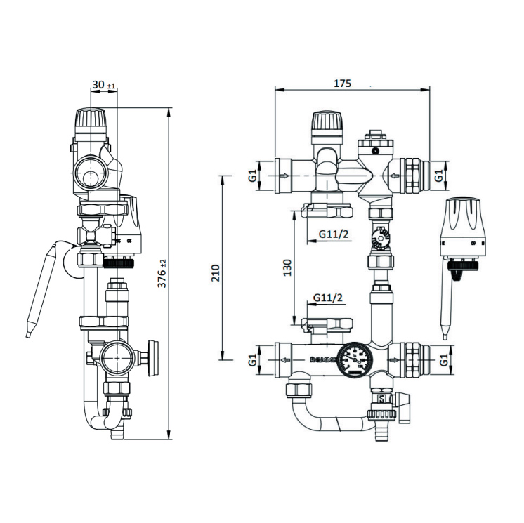 Смесительный узел Rommer проходной с термоголовкой и перепускным клапаном
