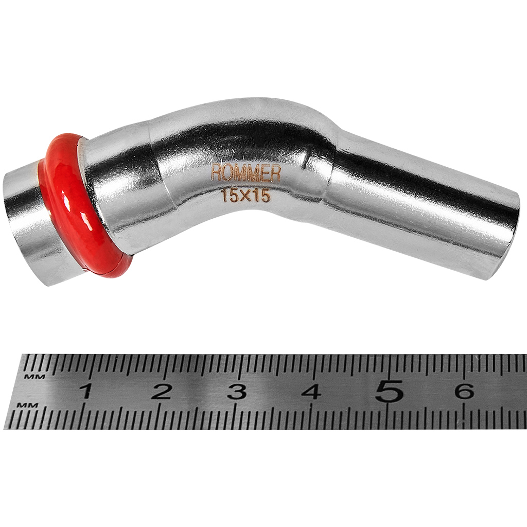 Угольник однораструбный 45° 15 Rommer из нержавеющей стали прессовой