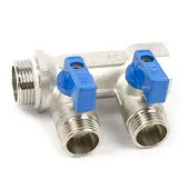 Коллектор TIM с шаровыми кранами 3/4x1/2 на 2 выхода, красные и синие ручки Коллектор TIM с шаровыми кранами 3/4x1/2 на 2 выхода, красные и синие ручки