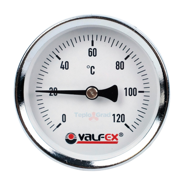 Термометр биметаллический Valfex 63 мм, 1/2,  120°С с погружной гильзой