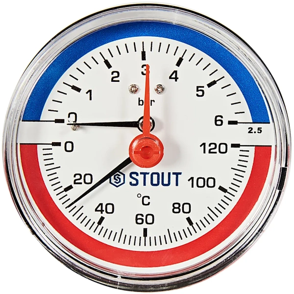 Термоманометр аксиальный Stout 80 мм, 0-10 бар, 0-120C, подключение 1/2