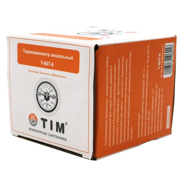 Термоманометр аксиальный TIM, корпус 80 мм, диапазон 0-6 бар, подключение 1/2 Y-80T-6