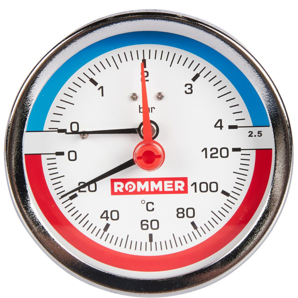 Термоманометр аксиальный Rommer 80 мм, 0-4 бар, 1/2
