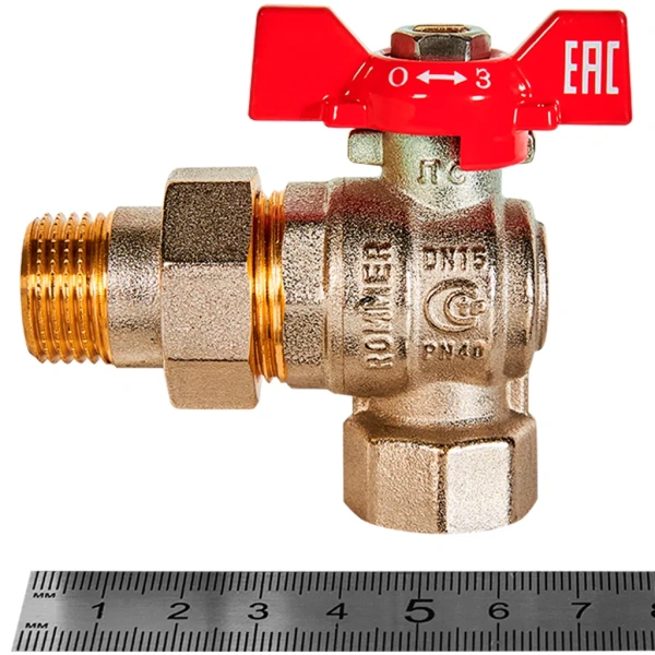 Кран шаровой Rommer угловой с американкой НВ 1/2, ручка бабочка