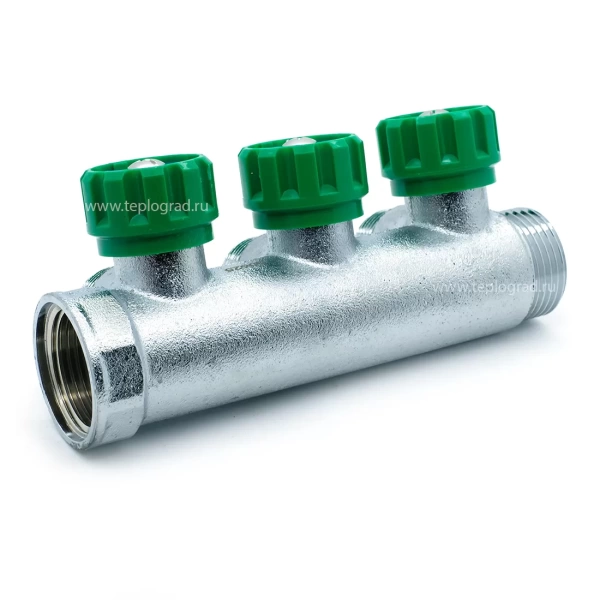 Коллектор Zeissler регулирующий 1x3/4 на 3 выхода (зеленые ручки)