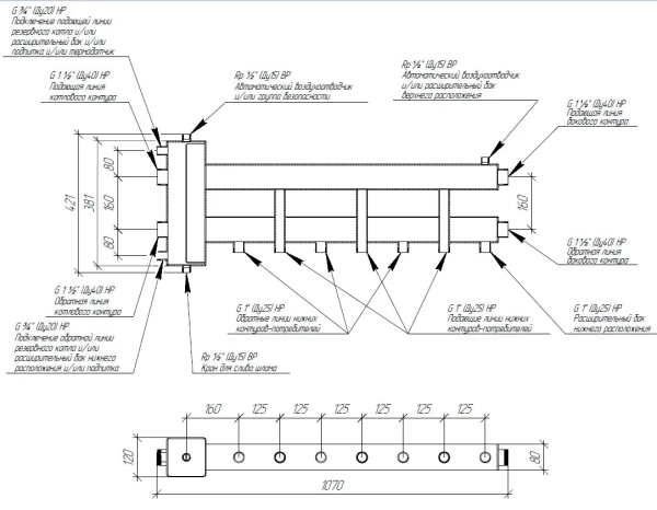 Балансировочный коллектор Gidruss BM-150-4D (до 150 кВт, подкл. котла G 1 1/2, 3 контура G 1)