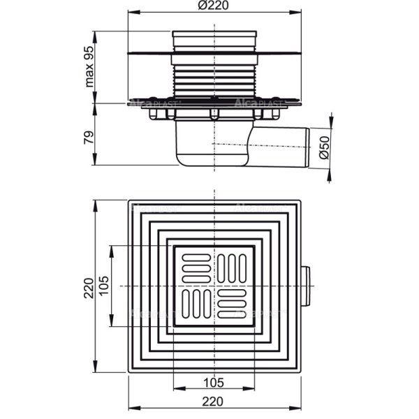 Душевой трап AlcaPlast APV1324 105x105 DN50/75 регулируемый, горизонтальный выпуск