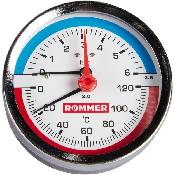 Термоманометр аксиальный Rommer 80 мм, 0-6 бар, 1/2