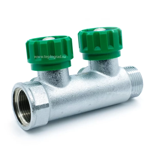 Коллектор Zeissler регулирующий 3/4x1/2 на 2 выхода (зеленые ручки)