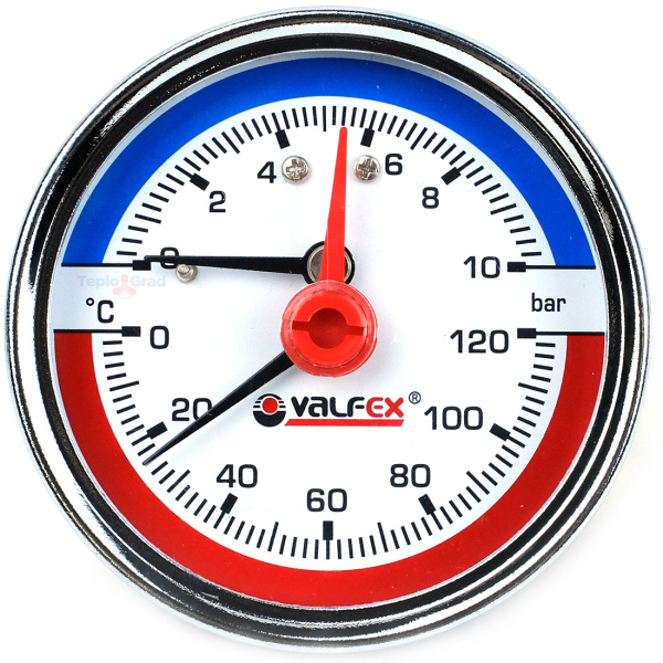 Термоманометр аксиальный Valfex 63 мм, 0-10 бар, 1/2