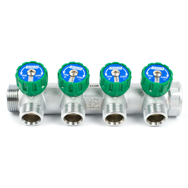 Коллектор Zeissler регулирующий 1x3/4 на 4 выхода (зеленые ручки)