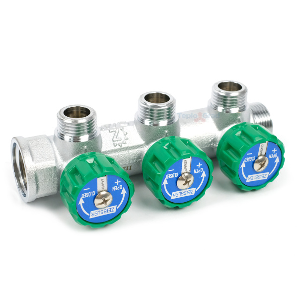 Коллектор Zeissler регулирующий 3/4x1/2 на 3 выхода (зеленые ручки)