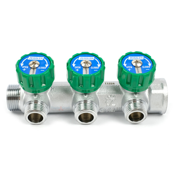 Коллектор Zeissler регулирующий 3/4x1/2 на 3 выхода (зеленые ручки)