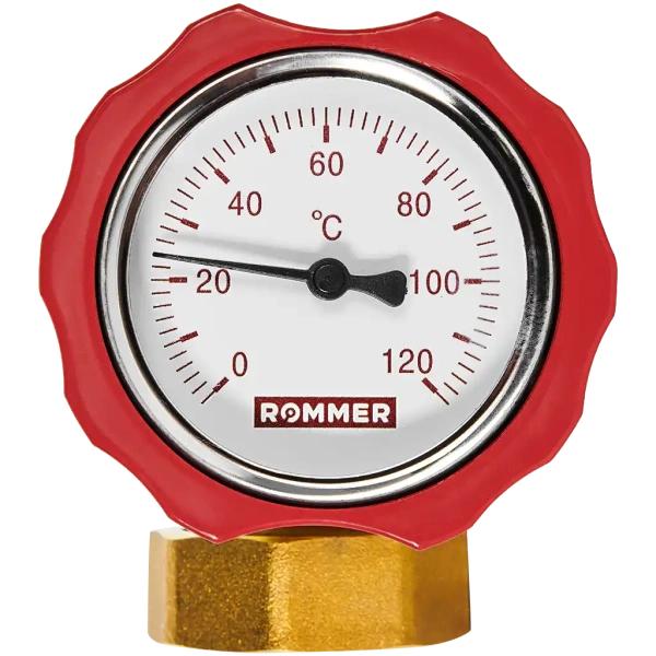 Клапан запорный латунный Rommer ВР 1 для подключения насоса, красная ручка