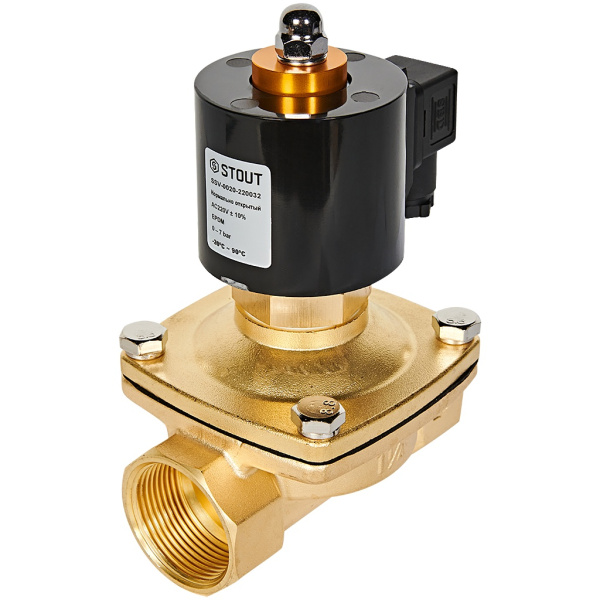 Клапан электромагнитный (соленоидный) Stout 1 1/4, 220В, нормально открытый, прямого действия