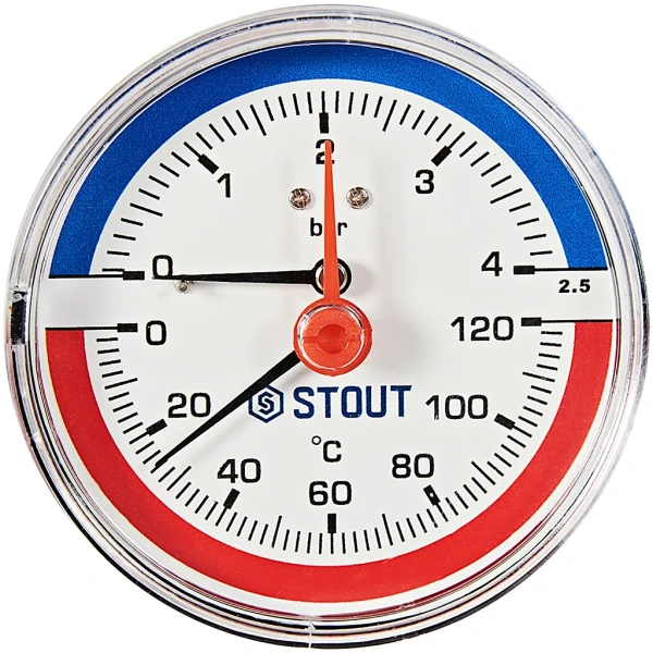 Термоманометр аксиальный Stout 80 мм, 0-4 бар, 0-120C, подключение 1/2