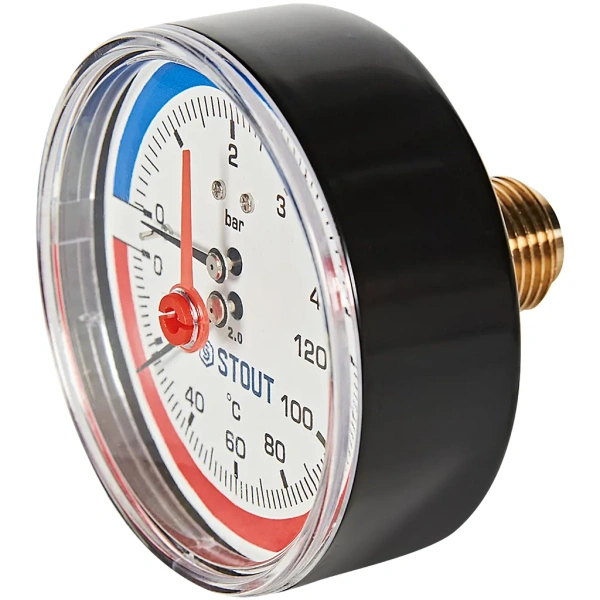 Термоманометр аксиальный Stout 80 мм, 0-4 бар, 0-120C, подключение 1/2