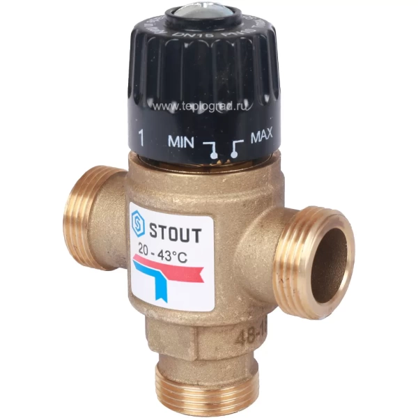 Трехходовой термостатический смесительный клапан Stout 3/4 НР 20-43°С KVs 1.6