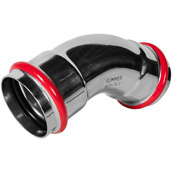 Угольник двухраструбный 45° 76 Rommer из нержавеющей стали прессовой