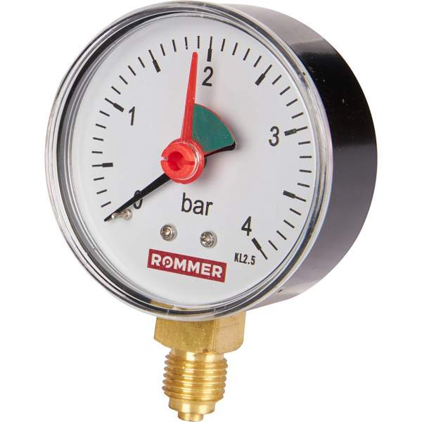 Манометр радиальный Rommer 63 мм, 0-4 бар, 1/4 с указателем предела