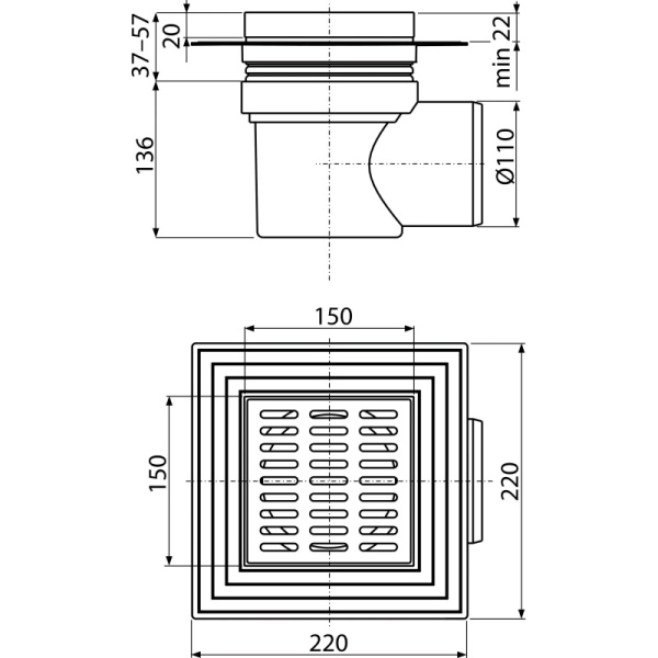 Душевой трап AlcaPlast APV12 150x150 DN110 регулируемый, горизонтальный выпуск